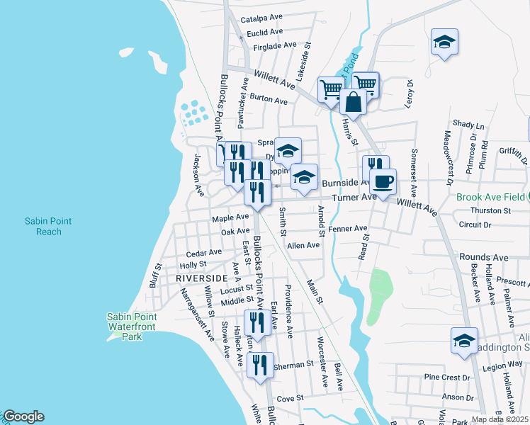 map of restaurants, bars, coffee shops, grocery stores, and more near 30 Dorr Avenue in East Providence