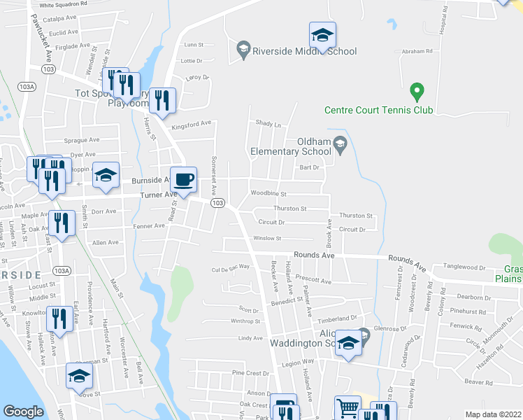 map of restaurants, bars, coffee shops, grocery stores, and more near 18 Circuit Drive in East Providence
