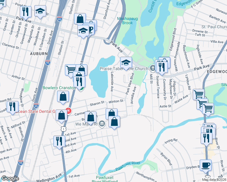 map of restaurants, bars, coffee shops, grocery stores, and more near 128 Lakeside Avenue in Cranston