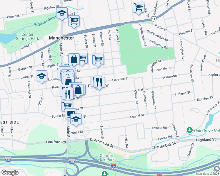 map of restaurants, bars, coffee shops, grocery stores, and more near 173 Spruce Street in Manchester