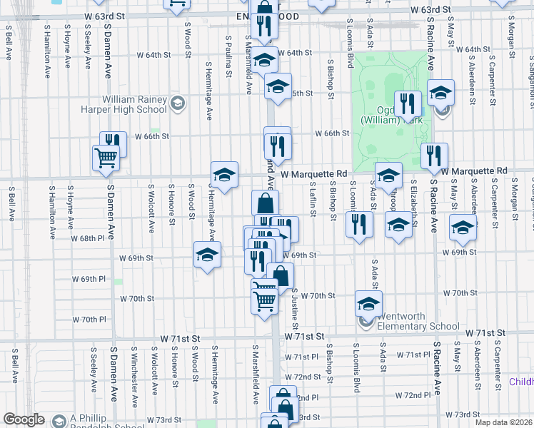 map of restaurants, bars, coffee shops, grocery stores, and more near 1608 West 68th Street in Chicago