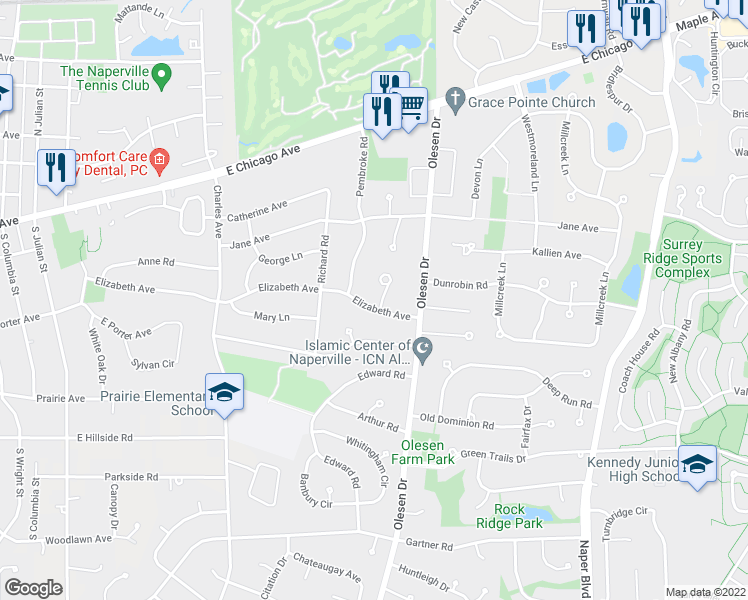 map of restaurants, bars, coffee shops, grocery stores, and more near 239 Oxford Court in Naperville