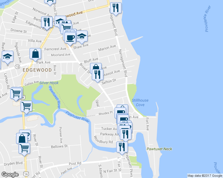 map of restaurants, bars, coffee shops, grocery stores, and more near 78 Strathmore Rd in Cranston