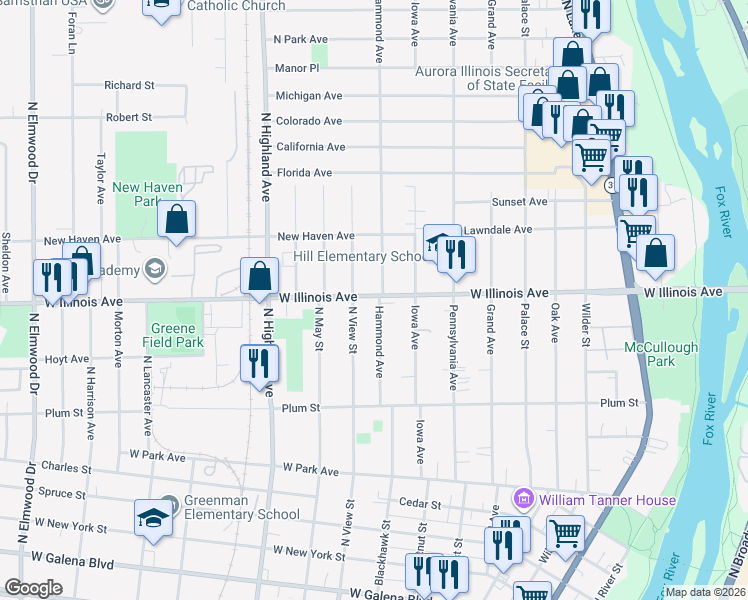 map of restaurants, bars, coffee shops, grocery stores, and more near 652 Hammond Avenue in Aurora