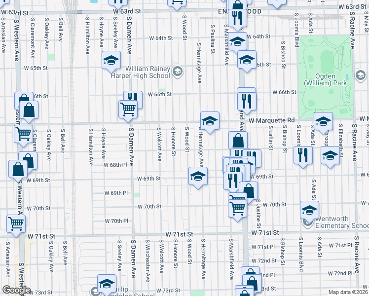 map of restaurants, bars, coffee shops, grocery stores, and more near 6758 South Wood Street in Chicago