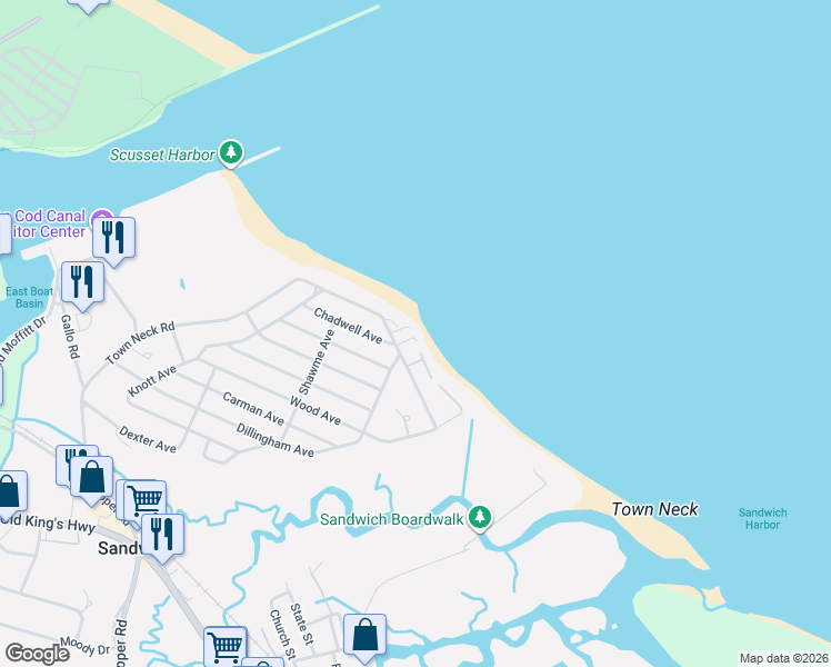 map of restaurants, bars, coffee shops, grocery stores, and more near 49R Freeman Avenue in Sandwich