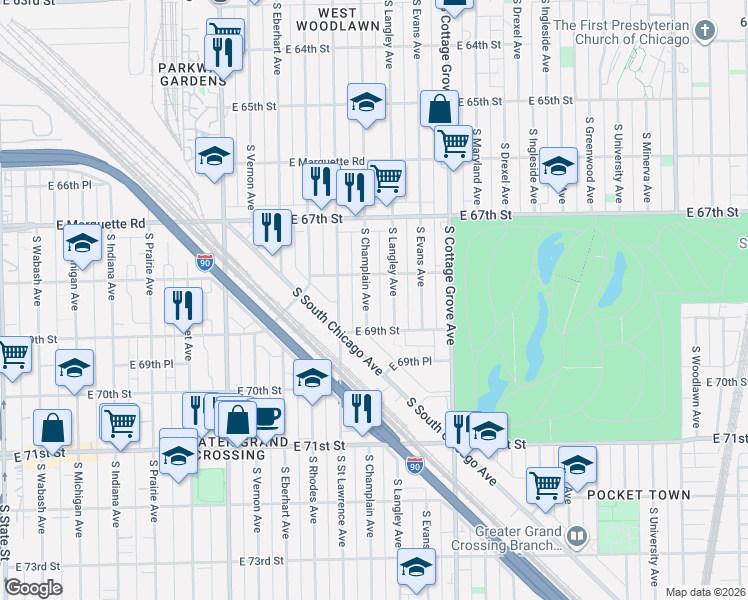 map of restaurants, bars, coffee shops, grocery stores, and more near 6823 South Champlain Avenue in Chicago