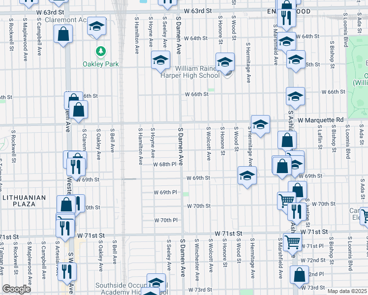 map of restaurants, bars, coffee shops, grocery stores, and more near 6755 South Damen Avenue in Chicago