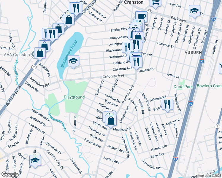 map of restaurants, bars, coffee shops, grocery stores, and more near 47 Waldron Ave in Cranston