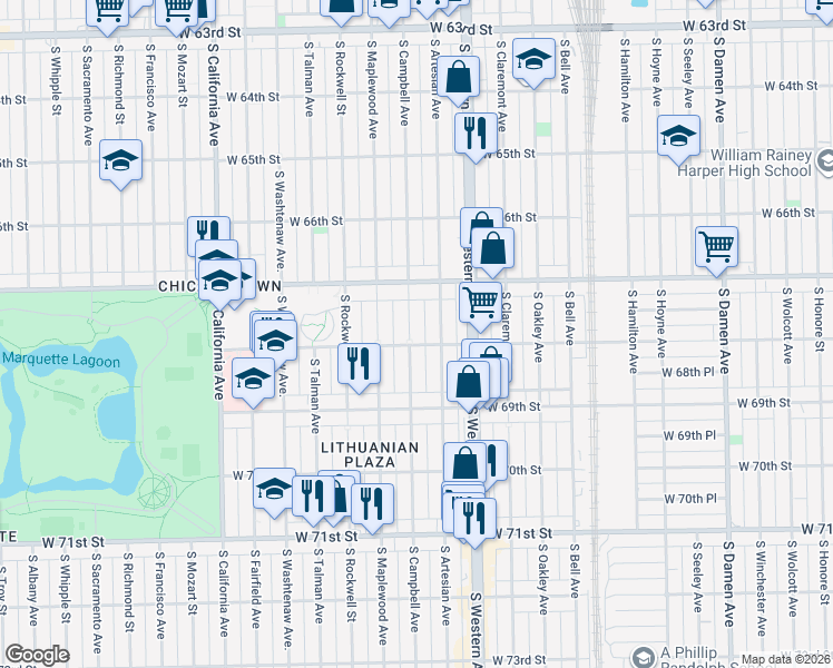 map of restaurants, bars, coffee shops, grocery stores, and more near 6747 South Campbell Avenue in Chicago