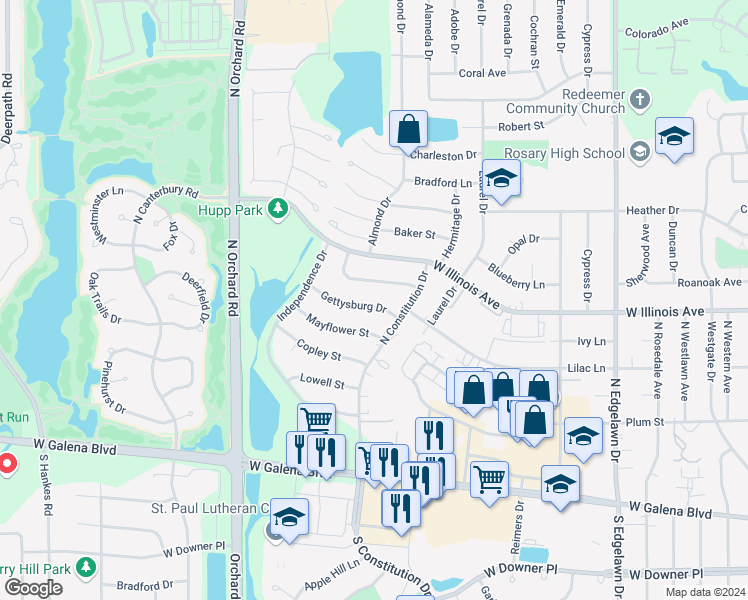 map of restaurants, bars, coffee shops, grocery stores, and more near 2231 Gettysburg Drive in Aurora