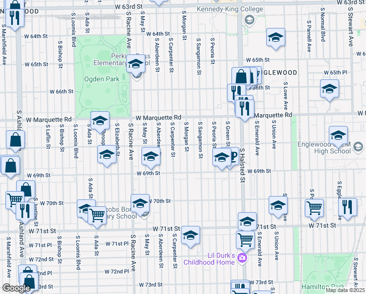 map of restaurants, bars, coffee shops, grocery stores, and more near 6800 South Morgan Street in Chicago