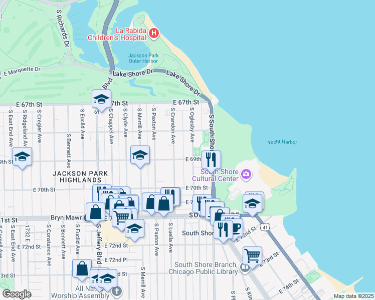 map of restaurants, bars, coffee shops, grocery stores, and more near 6842 South Oglesby Avenue in Chicago