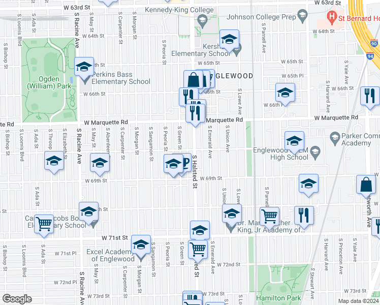 map of restaurants, bars, coffee shops, grocery stores, and more near 6800 South Halsted Street in Chicago
