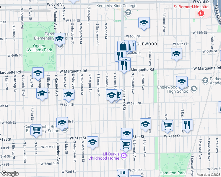 map of restaurants, bars, coffee shops, grocery stores, and more near 853 West 68th Street in Chicago
