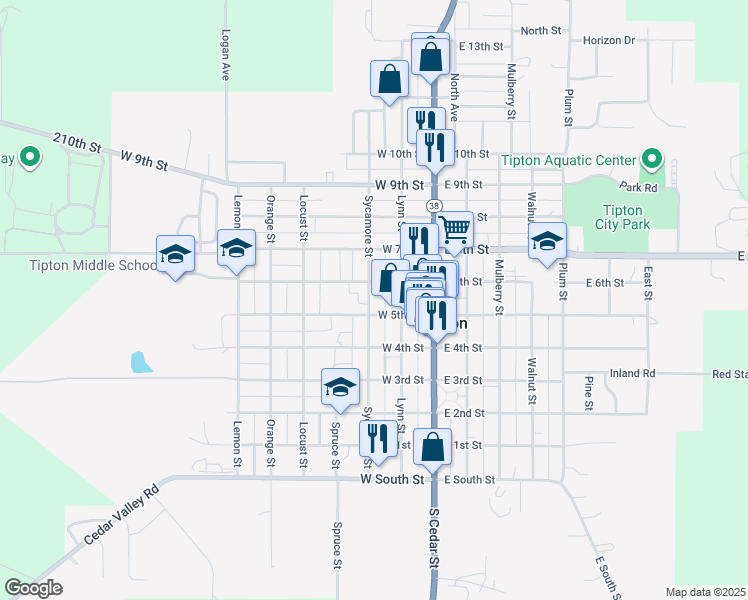 map of restaurants, bars, coffee shops, grocery stores, and more near 502 Sycamore Street in Tipton