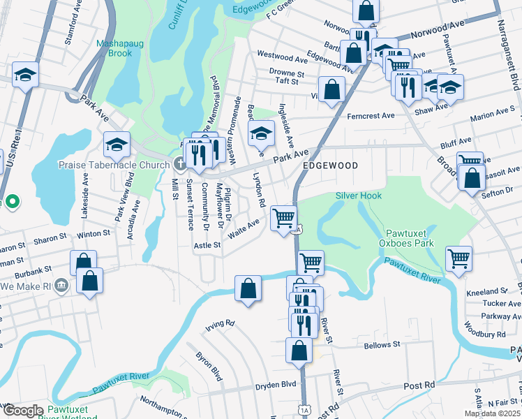 map of restaurants, bars, coffee shops, grocery stores, and more near 65 Lyndon Road in Cranston