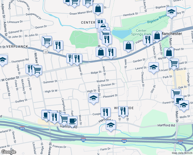 map of restaurants, bars, coffee shops, grocery stores, and more near 18 Cedar Street in Manchester