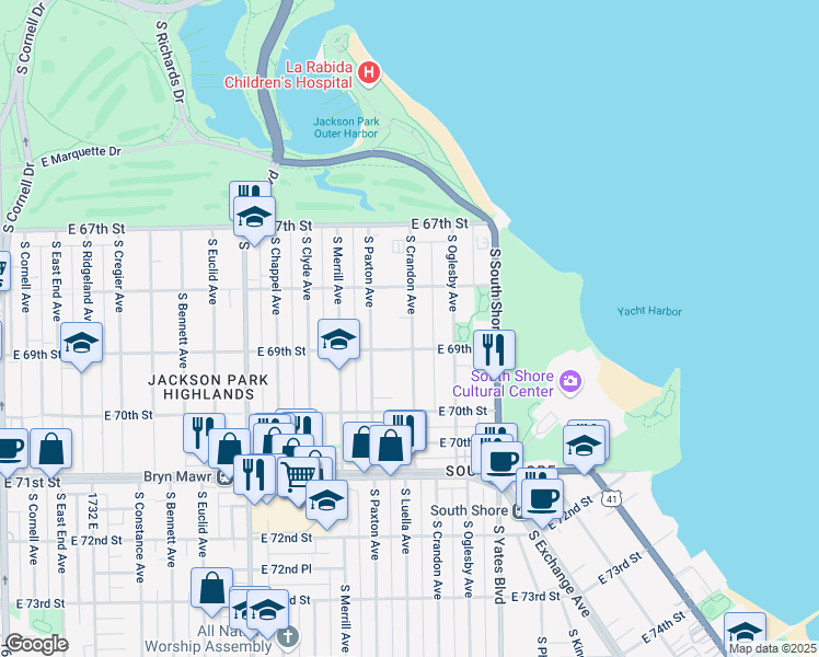 map of restaurants, bars, coffee shops, grocery stores, and more near 6840 South Crandon Avenue in Chicago