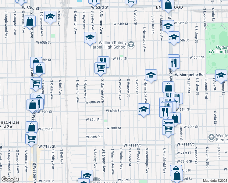 map of restaurants, bars, coffee shops, grocery stores, and more near 6755 South Winchester Avenue in Chicago