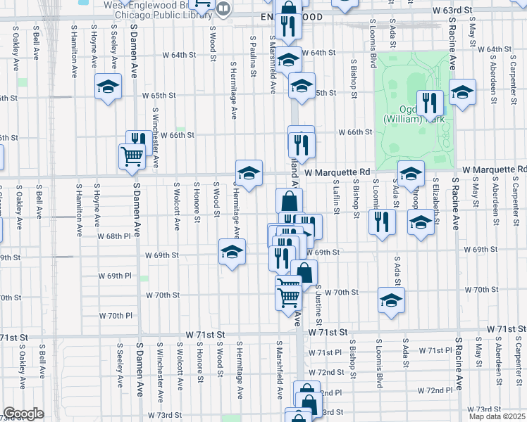 map of restaurants, bars, coffee shops, grocery stores, and more near 6759 South Paulina Street in Chicago