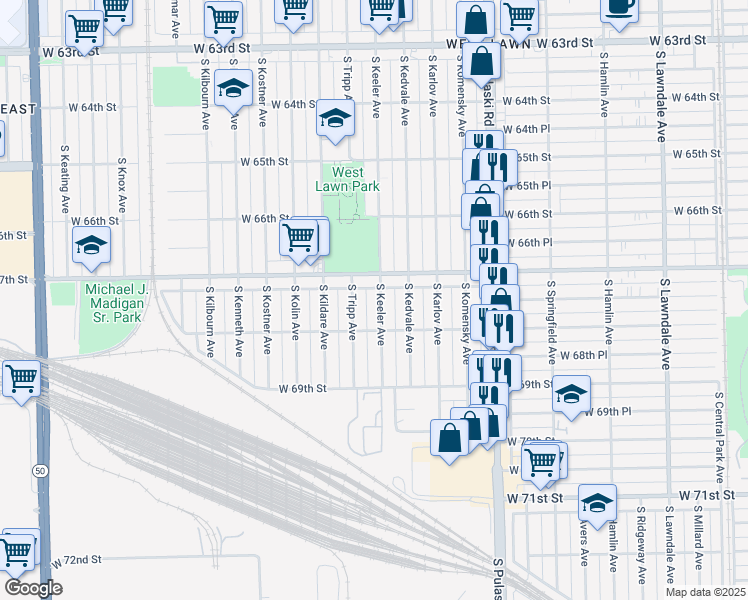 map of restaurants, bars, coffee shops, grocery stores, and more near 6726 South Keeler Avenue in Chicago
