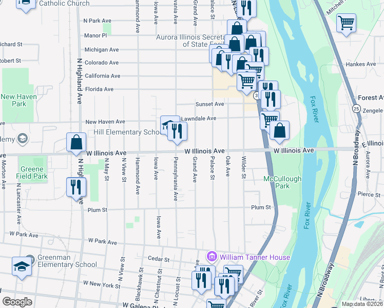 map of restaurants, bars, coffee shops, grocery stores, and more near 650 Grand Avenue in Aurora