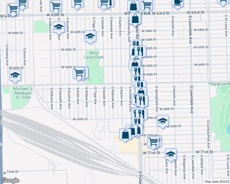 map of restaurants, bars, coffee shops, grocery stores, and more near 6727 South Kedvale Avenue in Chicago