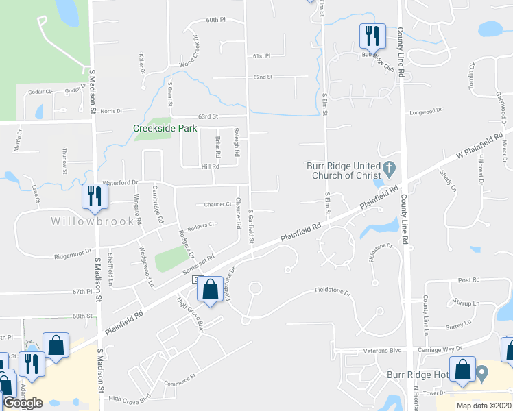 map of restaurants, bars, coffee shops, grocery stores, and more near 26 Ridgefield Lane in Willowbrook