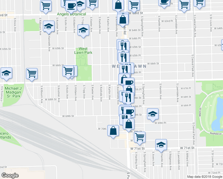 map of restaurants, bars, coffee shops, grocery stores, and more near 6727 South Karlov Avenue in Chicago