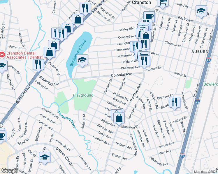 map of restaurants, bars, coffee shops, grocery stores, and more near 100 Summer Street in Cranston