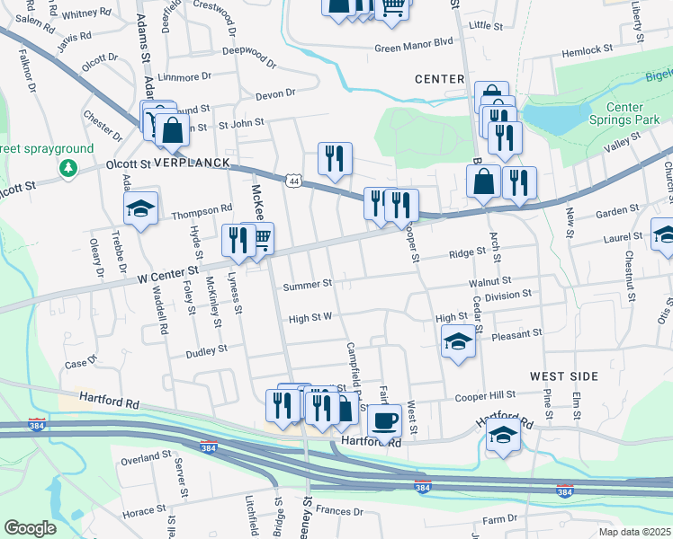 map of restaurants, bars, coffee shops, grocery stores, and more near 25 Emerson Street in Manchester
