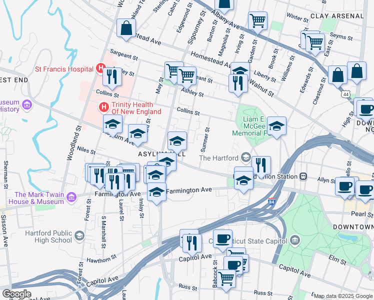 map of restaurants, bars, coffee shops, grocery stores, and more near 22 Huntington Street in Hartford