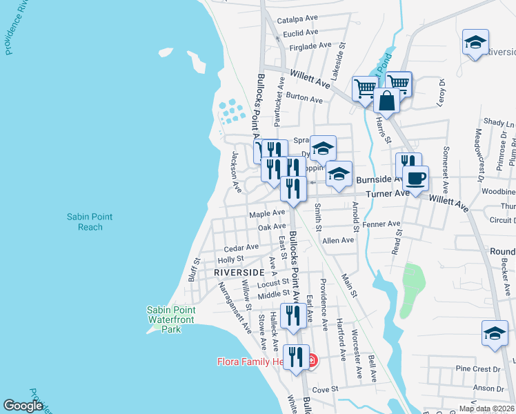 map of restaurants, bars, coffee shops, grocery stores, and more near 5 Coxe Street in East Providence