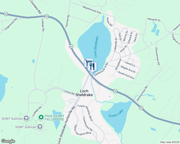 map of restaurants, bars, coffee shops, grocery stores, and more near 1441 New York 52 in Loch Sheldrake