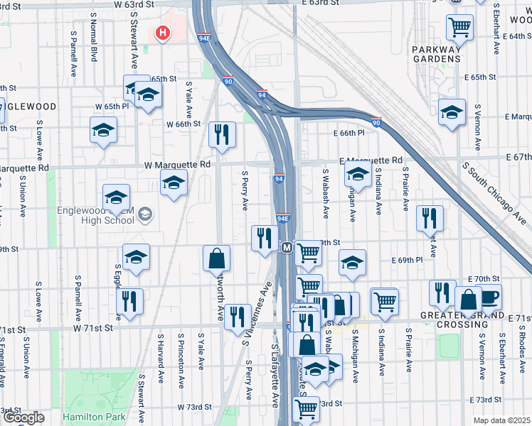 map of restaurants, bars, coffee shops, grocery stores, and more near 6812 South Lafayette Avenue in Chicago