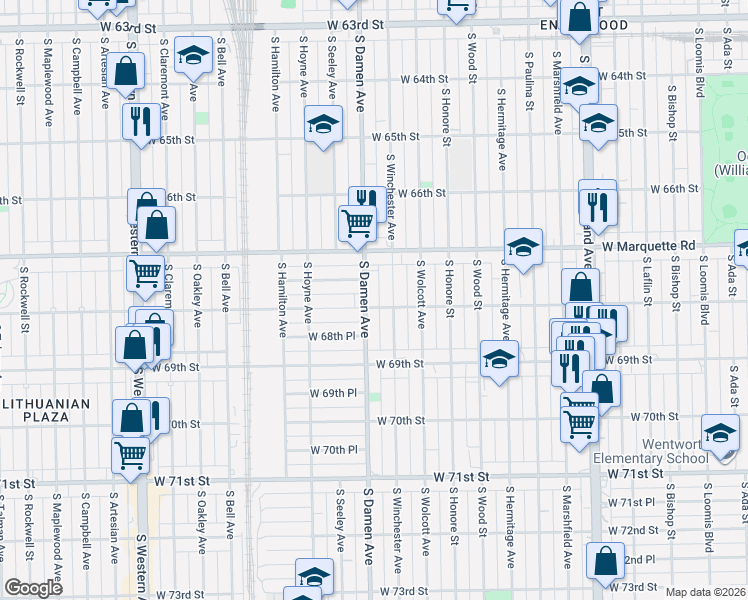 map of restaurants, bars, coffee shops, grocery stores, and more near 6755 South Damen Avenue in Chicago