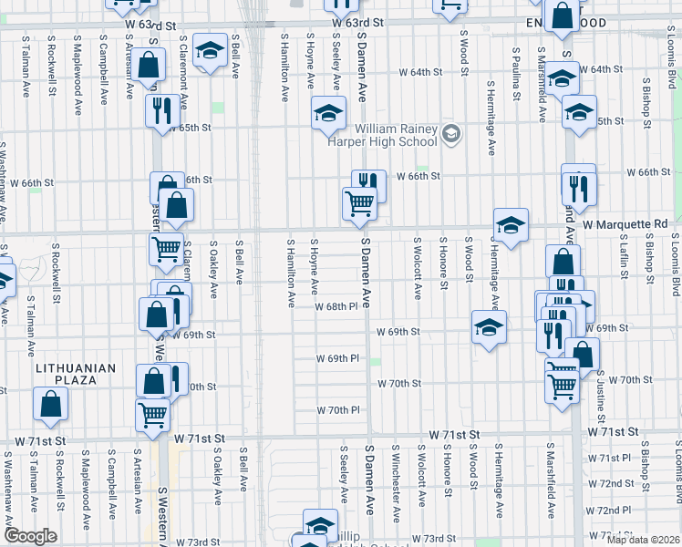 map of restaurants, bars, coffee shops, grocery stores, and more near 2032 West 68th Street in Chicago
