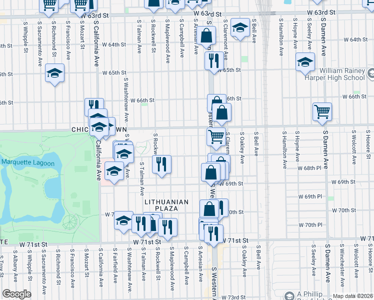 map of restaurants, bars, coffee shops, grocery stores, and more near 6747 South Campbell Avenue in Chicago