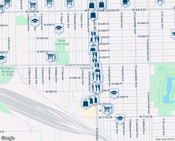 map of restaurants, bars, coffee shops, grocery stores, and more near 6727 South Karlov Avenue in Chicago