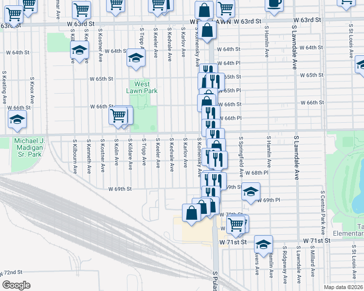 map of restaurants, bars, coffee shops, grocery stores, and more near 6727 South Kedvale Avenue in Chicago