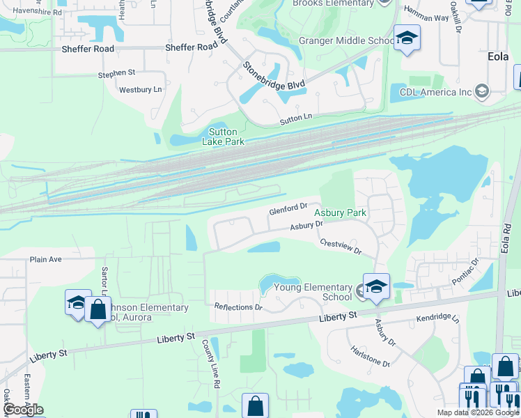 map of restaurants, bars, coffee shops, grocery stores, and more near 2388 Glenford Drive in Aurora