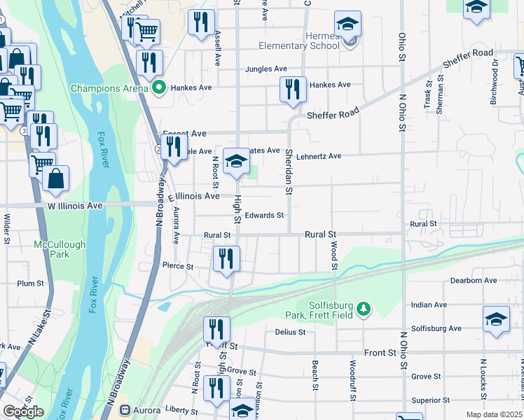 map of restaurants, bars, coffee shops, grocery stores, and more near 518 Edwards Street in Aurora