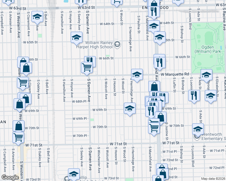 map of restaurants, bars, coffee shops, grocery stores, and more near 6754 South Honore Street in Chicago