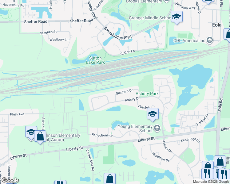 map of restaurants, bars, coffee shops, grocery stores, and more near 2388 Glenford Drive in Aurora