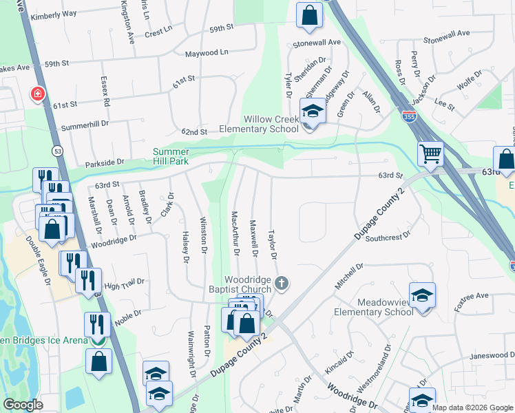 map of restaurants, bars, coffee shops, grocery stores, and more near 6409 Maxwell Drive in Woodridge