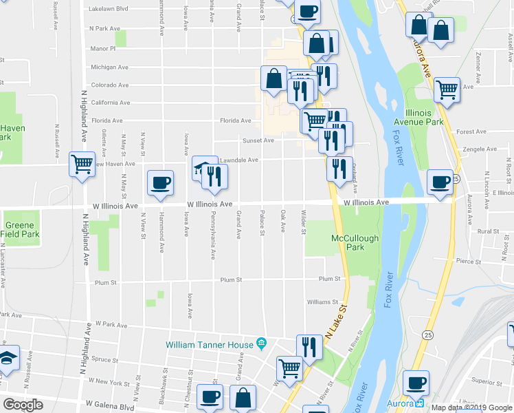 map of restaurants, bars, coffee shops, grocery stores, and more near 648 Palace Street in Aurora