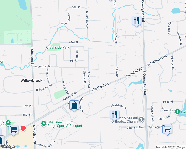 map of restaurants, bars, coffee shops, grocery stores, and more near 26 Ridgefield Lane in Willowbrook