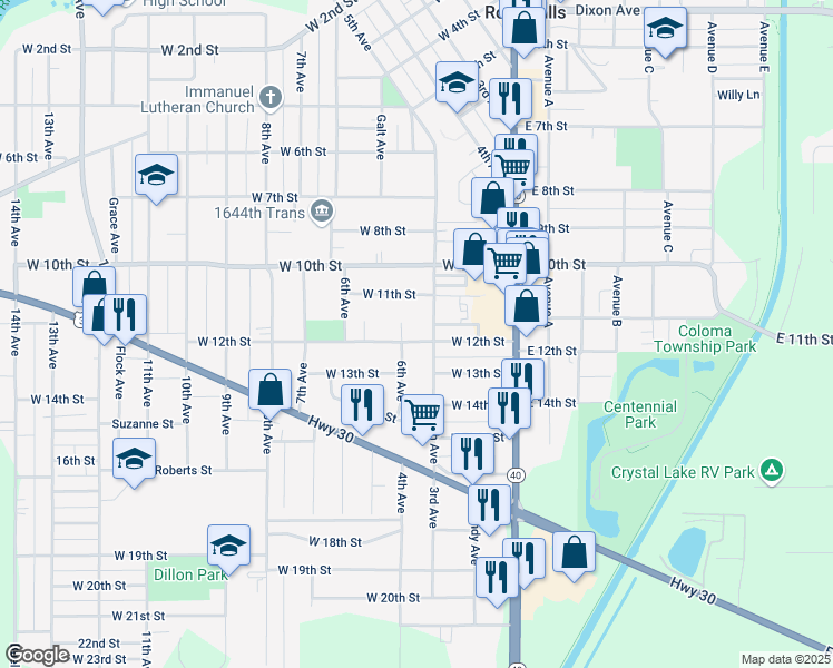 map of restaurants, bars, coffee shops, grocery stores, and more near 220 West 12th Street in Rock Falls