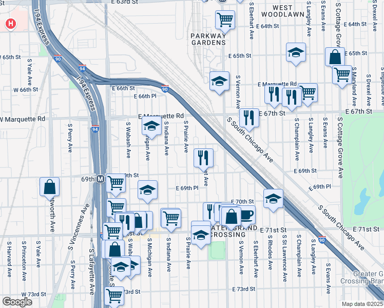 map of restaurants, bars, coffee shops, grocery stores, and more near 6817 South Prairie Avenue in Chicago